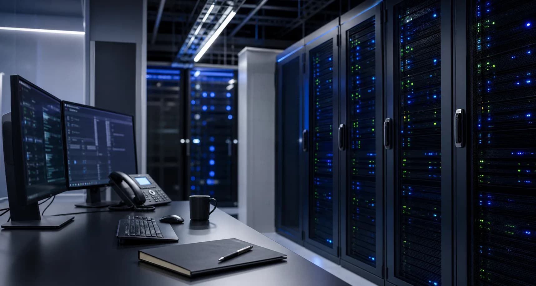 Bàn vận hành hạ tầng với tủ rack trong data center