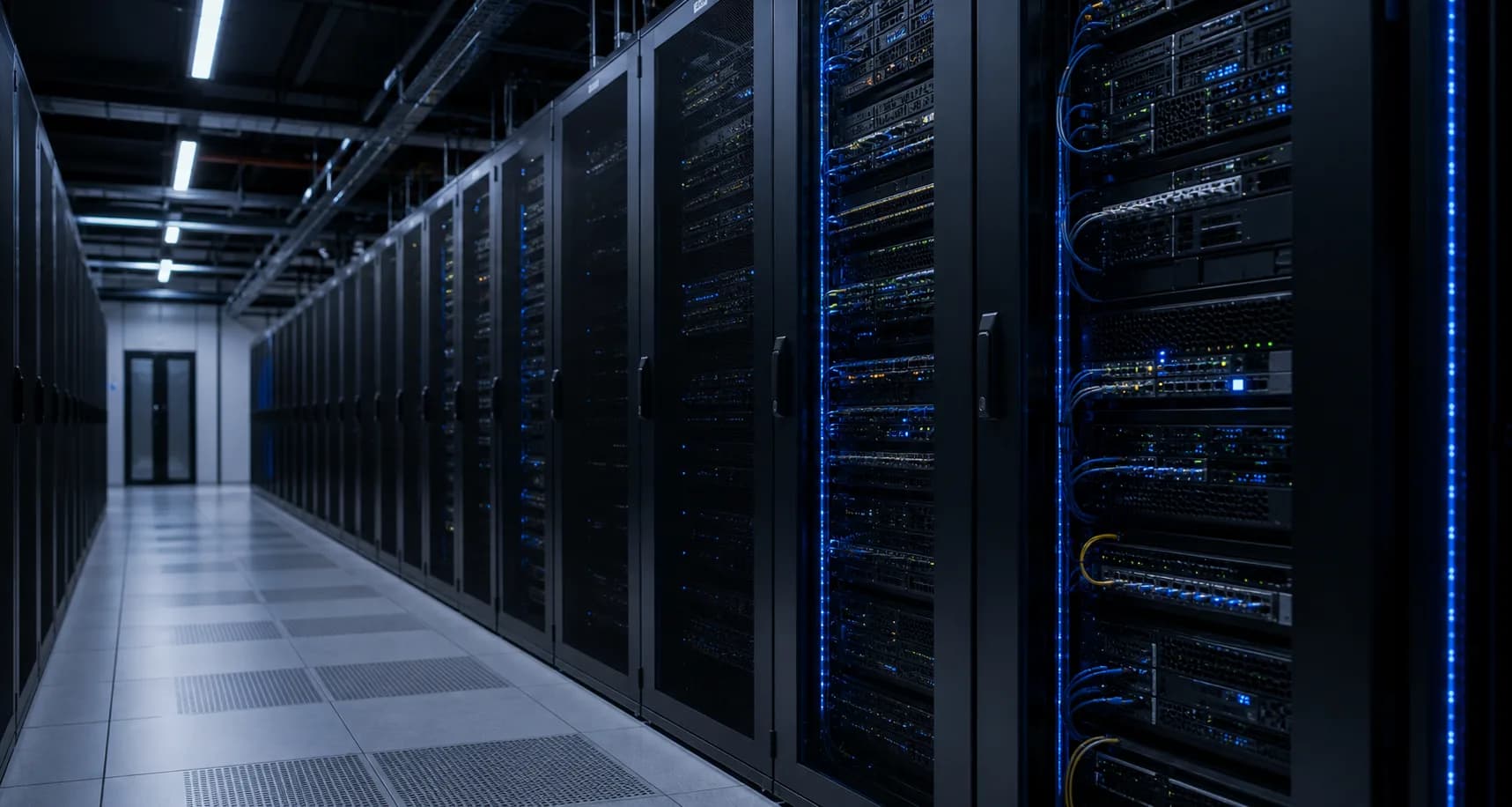 Hành lang data center hiện đại với tủ rack và thiết bị mạng
